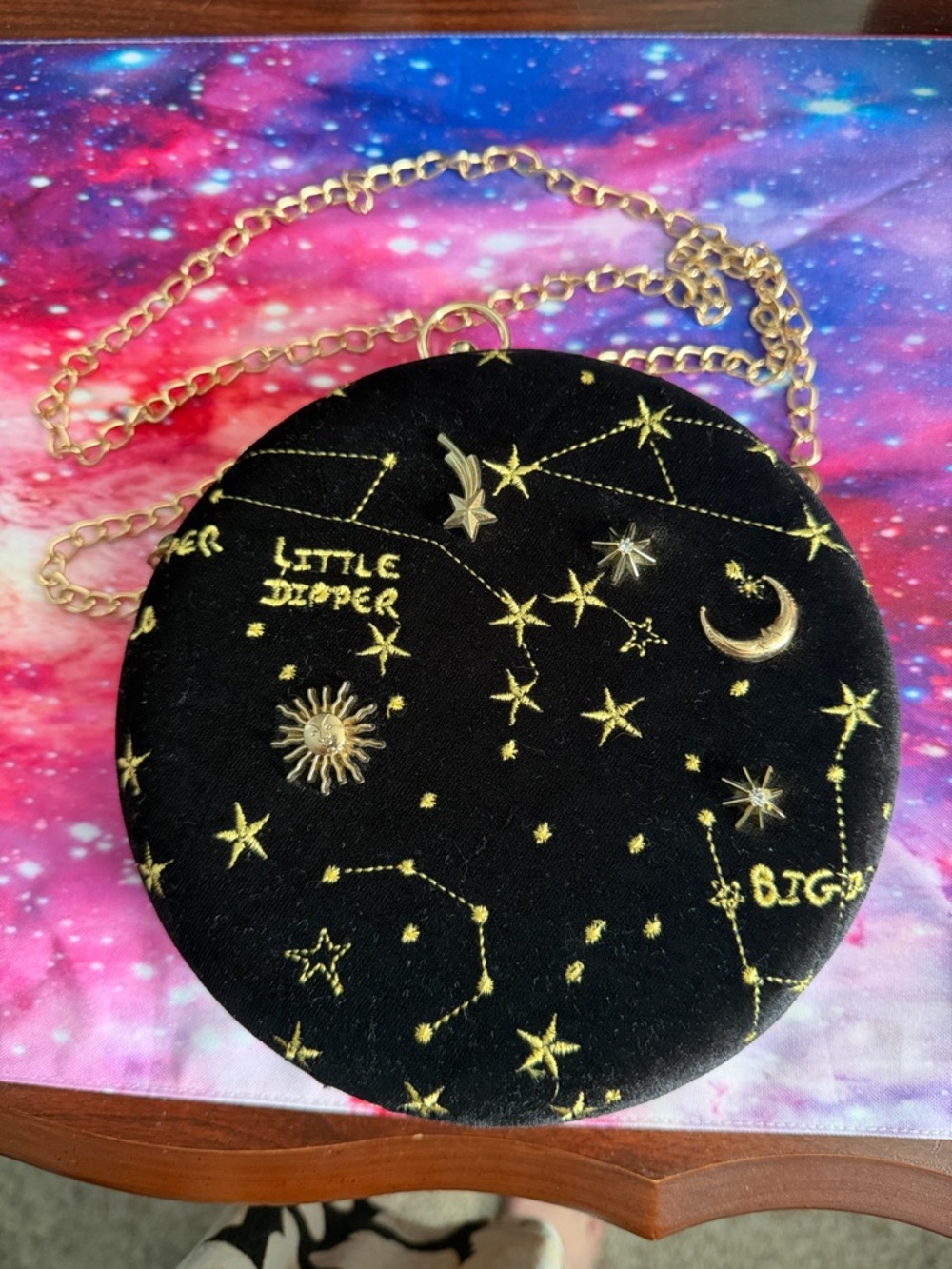 ModCloth Black Velvet Celestial Embroidered Round Crossbody with Gold Chain